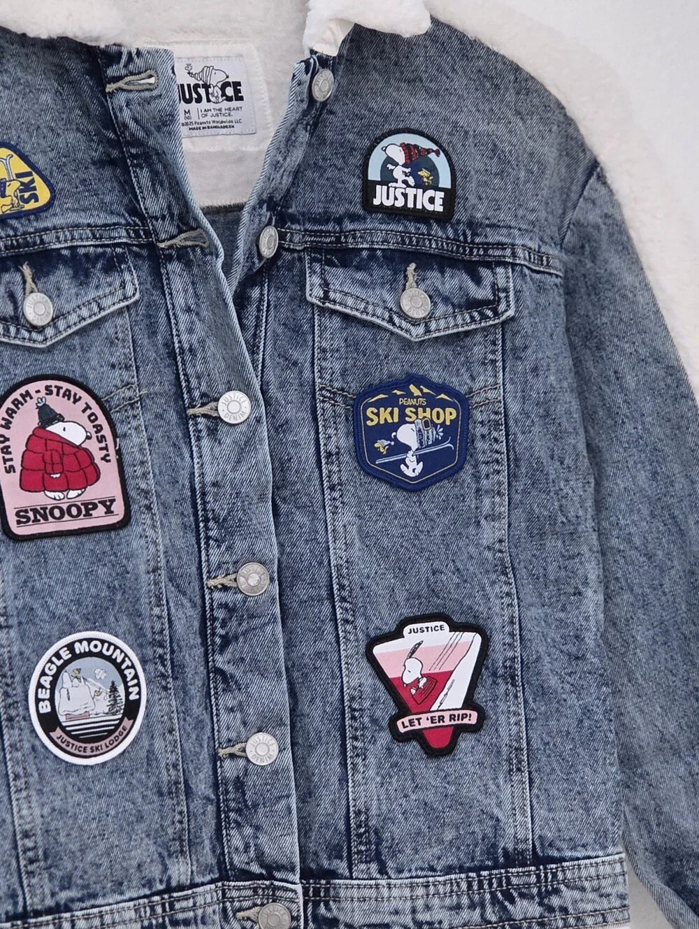 Justice x Snoopy Girls Acid Wash Patchwork and Sherpa Denim Jacket NWOT